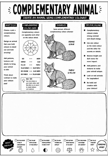 Elements of Art: Complementary Animal Worksheet | KS3 Art Cover Lesson | Colour Theory Activity
