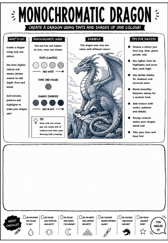 Elements of Art: Monochromatic Dragon Worksheet | KS3 Art Cover Lesson | Colour Theory Activity