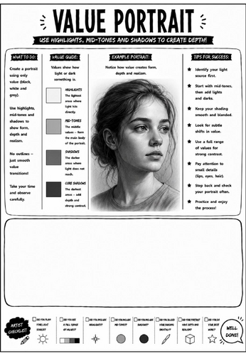 Elements of Art: Value Portrait Worksheet | KS3 Art Cover Lesson | Shading & Value Activity