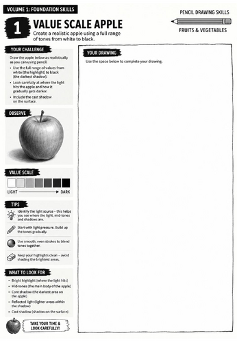 Value Scale Apple Worksheet | Pencil Drawing Skills | Foundation Skills | Art Cover Lesson | KS3 Art