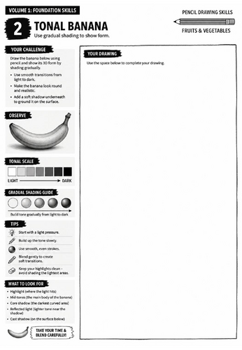 Tonal Banana Worksheet | Pencil Drawing Skills | Foundation Skills | Shading & Form Drawing | KS3 Ar