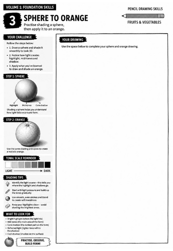 Sphere to Orange Worksheet | Pencil Drawing Skills | Foundation Shading Techniques | KS3 Art Cover L
