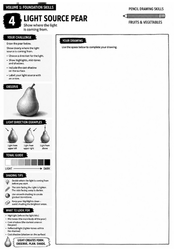 Light Source Pear Worksheet | Pencil Drawing Skills | Shading & Light Direction | KS3 Art Cover Less