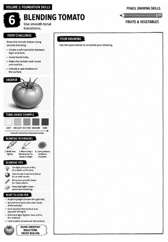 Blending Tomato Worksheet | Pencil Drawing Skills | Tonal Shading & Blending Techniques | KS3 Art Co