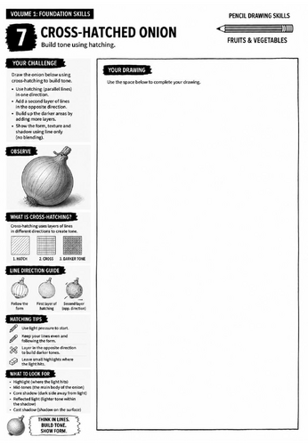 Cross-Hatched Onion Worksheet | Pencil Drawing Skills | Hatching & Tonal Drawing | KS3 Art Cover Les