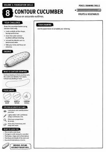 Contour Cucumber Worksheet | Pencil Drawing Skills | Observational Drawing & Contour Lines | KS3 Art