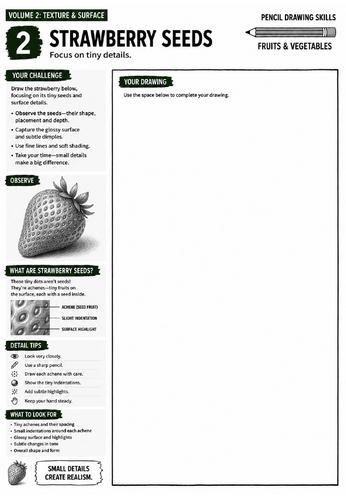 Strawberry Seeds Worksheet | Pencil Drawing Skills | Texture & Detail Drawing | KS3 Art Cover Lesson