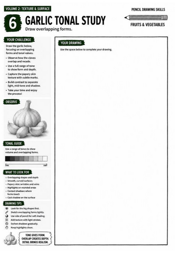 Garlic Tonal Study Worksheet | Pencil Drawing Skills | Tone, Form & Observational Drawing | KS3 Art