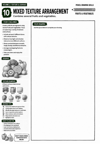 Mixed Texture Arrangement Worksheet | Pencil Drawing Skills | Texture, Observation & Still Life Draw