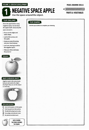 Negative Space Apple Worksheet | Pencil Drawing Skills | Creative Development | KS3 Art Cover Lesson