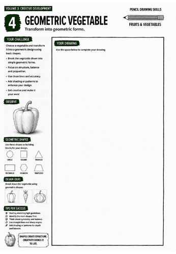 Geometric Vegetable Worksheet | Pencil Drawing Skills | Creative Development & Geometric Design | KS