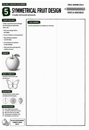 Symmetrical Fruit Design Worksheet | Pencil Drawing Skills | Creative Development & Symmetry Art | K