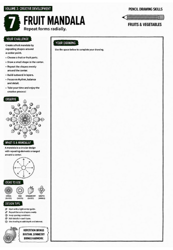 Fruit Mandala Worksheet | Pencil Drawing Skills | Creative Development & Pattern Design | KS3 Art Co