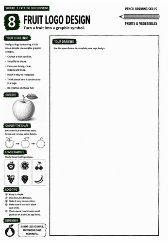 Fruit Logo Design Worksheet | Pencil Drawing Skills | Creative Development & Graphic Design | KS3 Ar