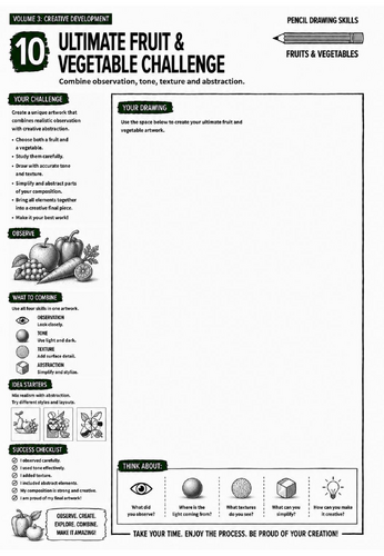 Ultimate Fruit & Vegetable Challenge Worksheet | Pencil Drawing Skills | Creative Development & Fina
