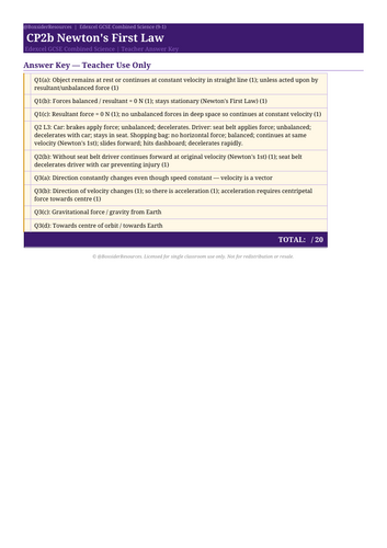CP2b Newton's First Law | Edexcel GCSE Combined Science Physics Topic Mastery Pack