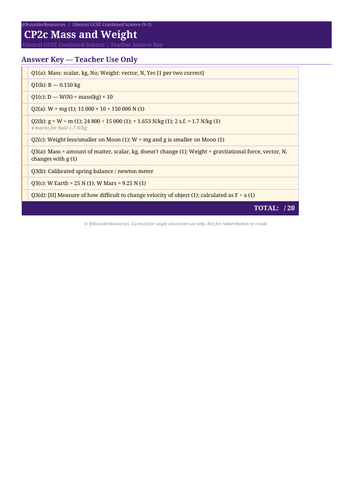 CP2c Mass and Weight | Edexcel GCSE Combined Science Physics Topic Mastery Pack