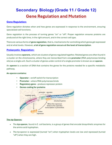 Summary Notes for Revision - Gene Regulation and Mutations