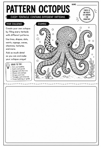 Pattern Octopus Art Worksheet | Zentangle Ocean Drawing Activity | KS2 KS3 Cover Lesson