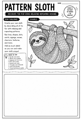 Pattern Sloth Art Worksheet | Zentangle Animal Drawing Activity | KS2 KS3 Cover Lesson