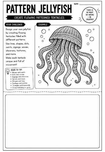 Pattern Jellyfish Art Worksheet | Zentangle Ocean Drawing Activity | KS2 KS3 Cover Lesson