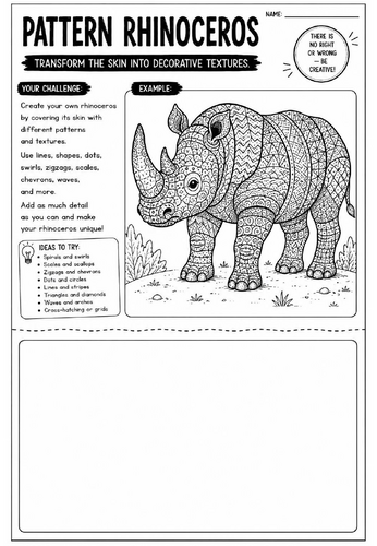 Pattern Rhinoceros Art Worksheet | Zentangle Animal Drawing Activity | KS2 KS3 Cover Lesson