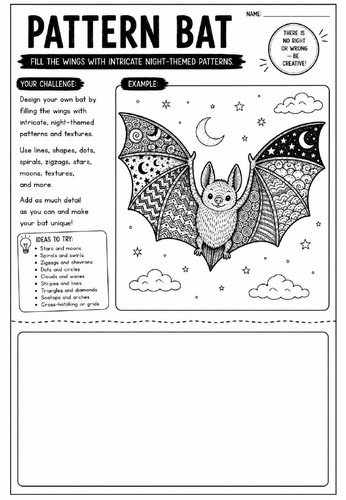 Pattern Bat Art Worksheet | Zentangle Animal Drawing Activity | KS2 KS3 Cover Lesson
