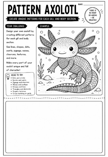 Pattern Axolotl Art Worksheet | Zentangle Animal Drawing Activity | KS2 KS3 Cover Lesson