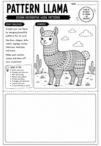 Pattern Llama Art Worksheet | Zentangle Animal Drawing Activity | KS2 KS3 Cover Lesson