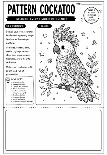 Pattern Cockatoo Art Worksheet | Zentangle Bird Drawing Activity | KS2 KS3 Cover Lesson