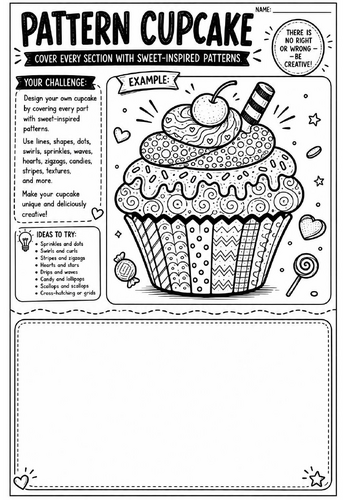 Pattern Cupcake Art Worksheet | Zentangle Food Drawing Activity | KS2 KS3 Cover Lesson