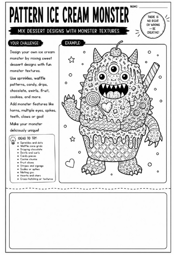 Pattern Ice Cream Monster Art Worksheet | Zentangle Monster Drawing Activity | KS2 KS3 Cover Lesson