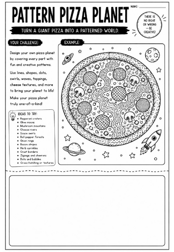 Pattern Pizza Planet Art Worksheet | Zentangle Food Drawing Activity | KS2 KS3 Cover Lesson