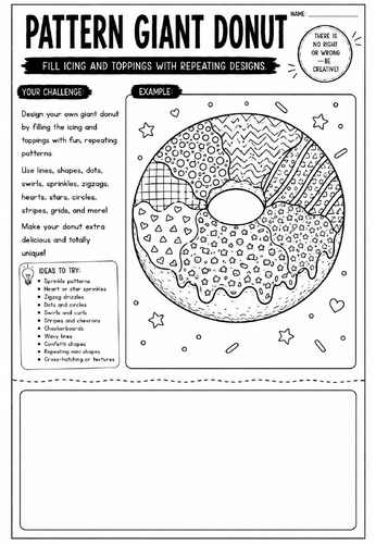Pattern Giant Donut Art Worksheet | Zentangle Food Drawing Activity | KS2 KS3 Cover Lesson