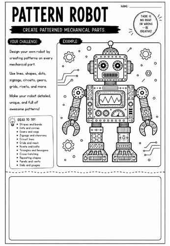 Pattern Robot Art Worksheet | Zentangle Technology Drawing Activity | KS2 KS3 Cover Lesson