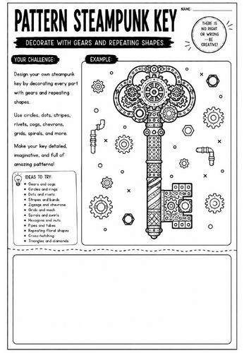 Pattern Steampunk Key Art Worksheet | Fantasy Design Drawing Activity | KS2 KS3 Cover Lesson