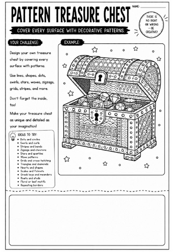 Pattern Treasure Chest Art Worksheet | Fantasy Drawing Activity | KS2 KS3 Cover Lesson
