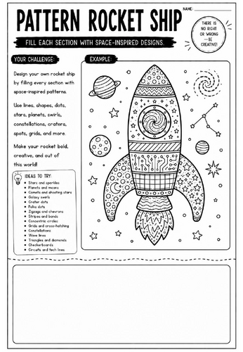 Pattern Rocket Ship Art Worksheet | Space Drawing Activity | KS2 KS3 Cover Lesson