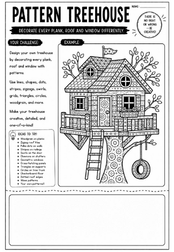 Pattern Treehouse Art Worksheet | Creative Drawing Activity | KS2 KS3 Cover Lesson