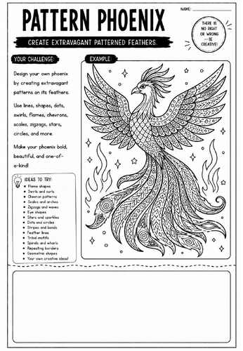 Pattern Phoenix Art Worksheet | Mythical Creature Drawing Activity | KS2 KS3 Cover Lesson