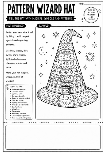 Pattern Wizard Hat Art Worksheet | Fantasy Drawing Activity | KS2 KS3 Cover Lesson