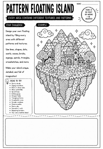 Pattern Floating Island Art Worksheet | Fantasy Landscape Drawing Activity | KS2 KS3 Cover Lesson