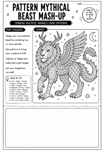 Pattern Mythical Beast Mash-Up Art Worksheet | Fantasy Creature Drawing Activity | KS2 KS3 Cover Les