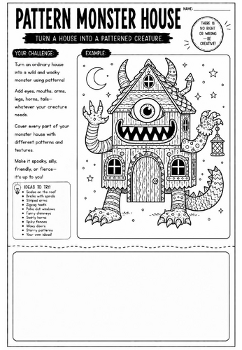 Pattern Monster House Art Worksheet | Fantasy Creature Drawing Activity | KS2 KS3 Cover Lesson