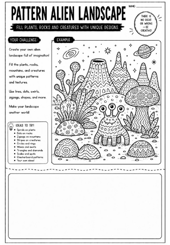 Pattern Alien Landscape Art Worksheet | Fantasy Landscape Drawing Activity | KS2 KS3 Cover Lesson