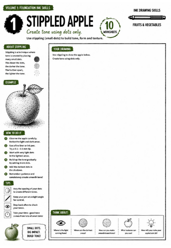Stippled Apple Worksheet | Ink Drawing Skills | Stippling Technique & Tone | KS3 Art Cover Lesson