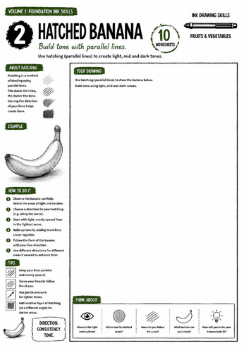 Hatched Banana Worksheet | Ink Drawing Skills | Hatching Technique & Tonal Shading | KS3 Art Cover L