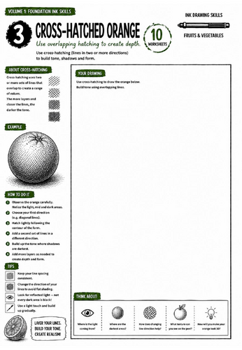 Cross-Hatched Orange Worksheet | Ink Drawing Skills | Cross-Hatching Technique & Tonal Shading | KS3