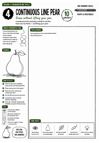 Continuous Line Pear Worksheet | Ink Drawing Skills | Continuous Line Drawing Technique | KS3 Art Co