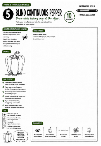 Blind Continuous Pepper Worksheet | Ink Drawing Skills | Blind Contour Drawing Technique | KS3 Art C